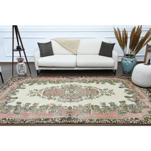 1970s Vintage Turkish Oushak Handmade Wool Cotton Beige Area Rug 179x311