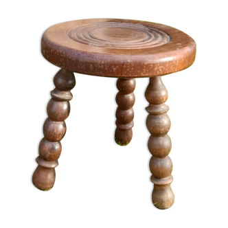 farmhouse stool in dark stained solid wood, tripod feet abacus, vintage 60/70's
