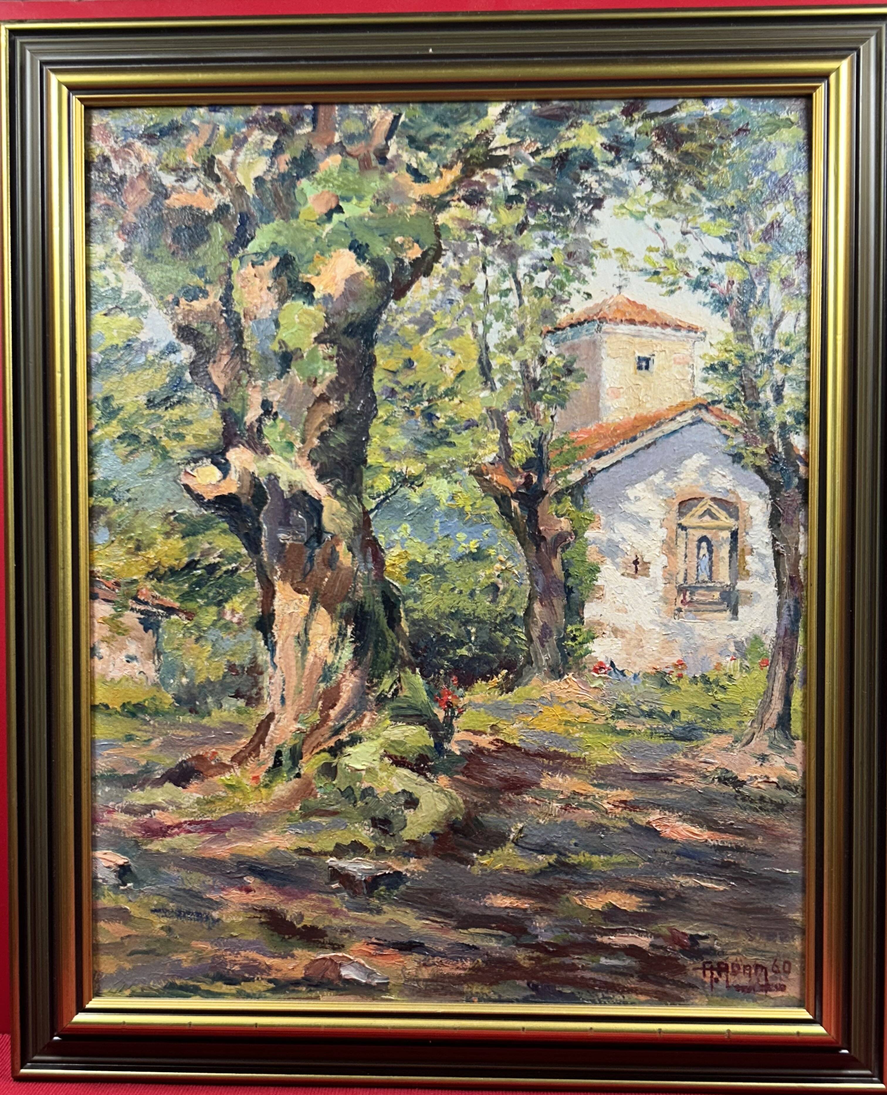 Oil on cardboard View of a Chapel ST Tropez? signed A. Adam 1960