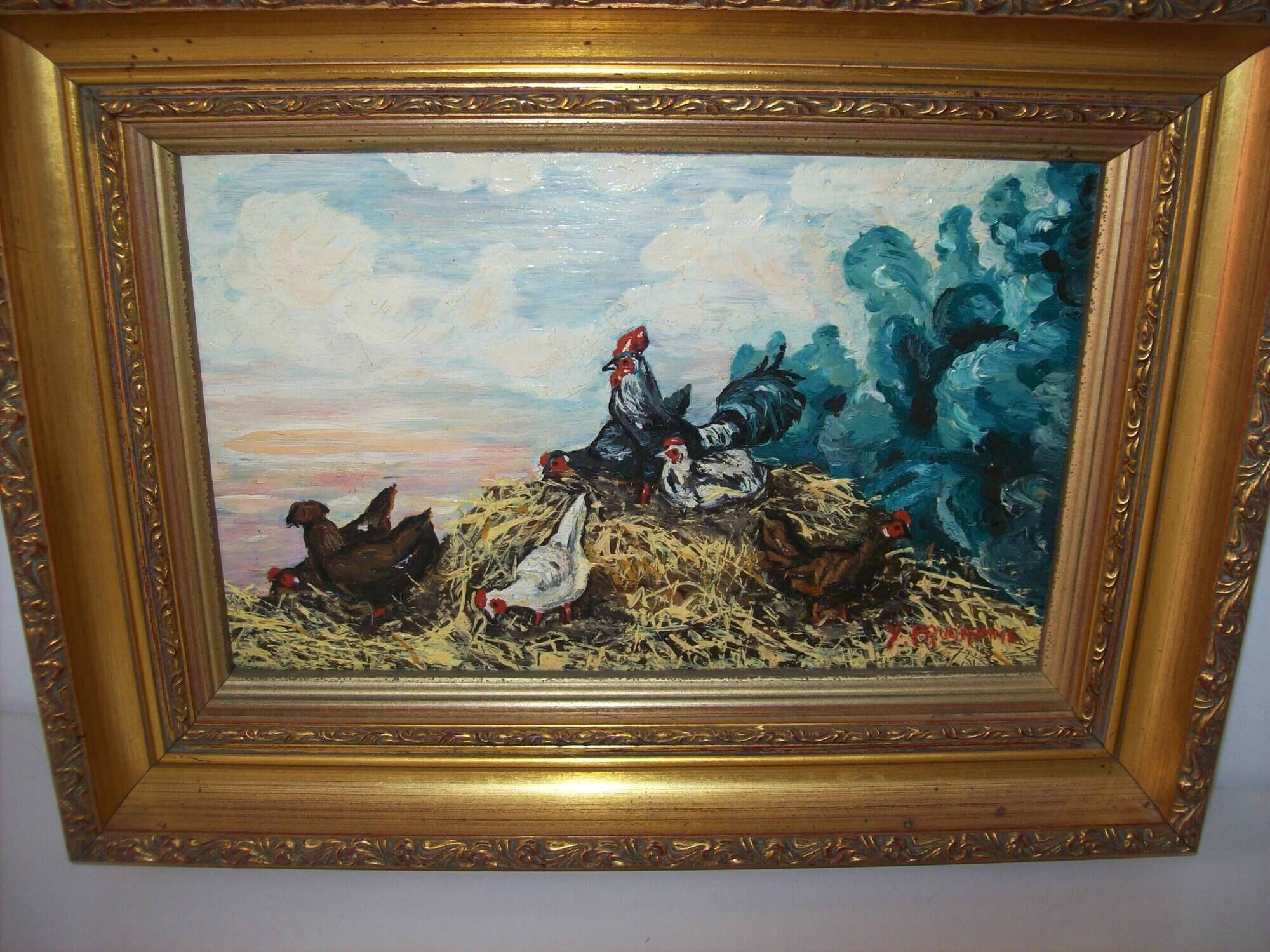 Oil on wood panel rooster and hens signed