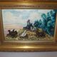 Oil on wood panel rooster and hens signed