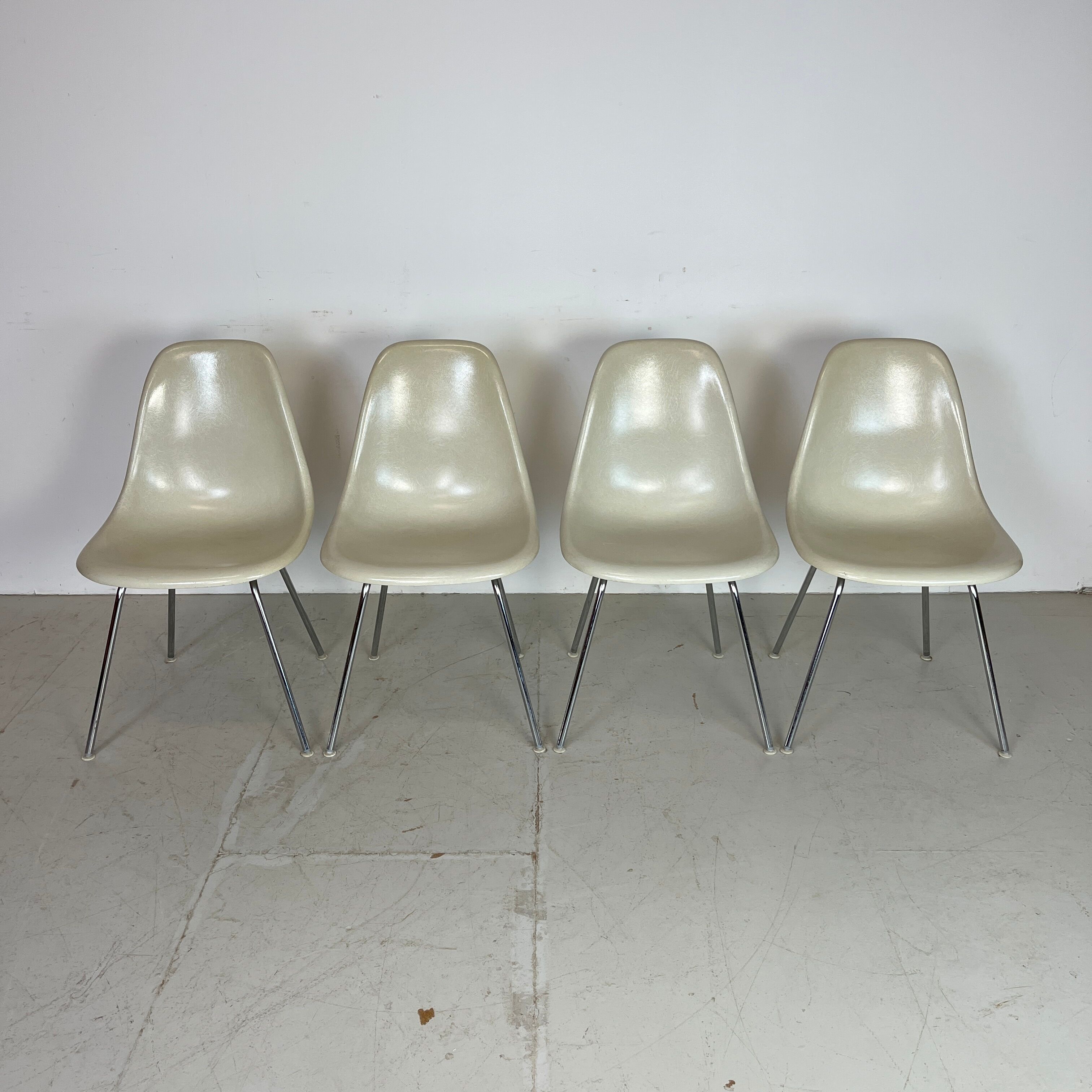 Vintage Eames Herman Miller DSS side chairs in parchment
