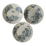 3 ironstone plates Badonviller France, flowers, butterflies