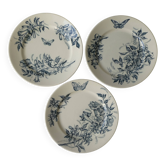 3 ironstone plates Badonviller France, flowers, butterflies