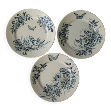 3 assiettes terre de fer Badonviller France, fleurs, papillons