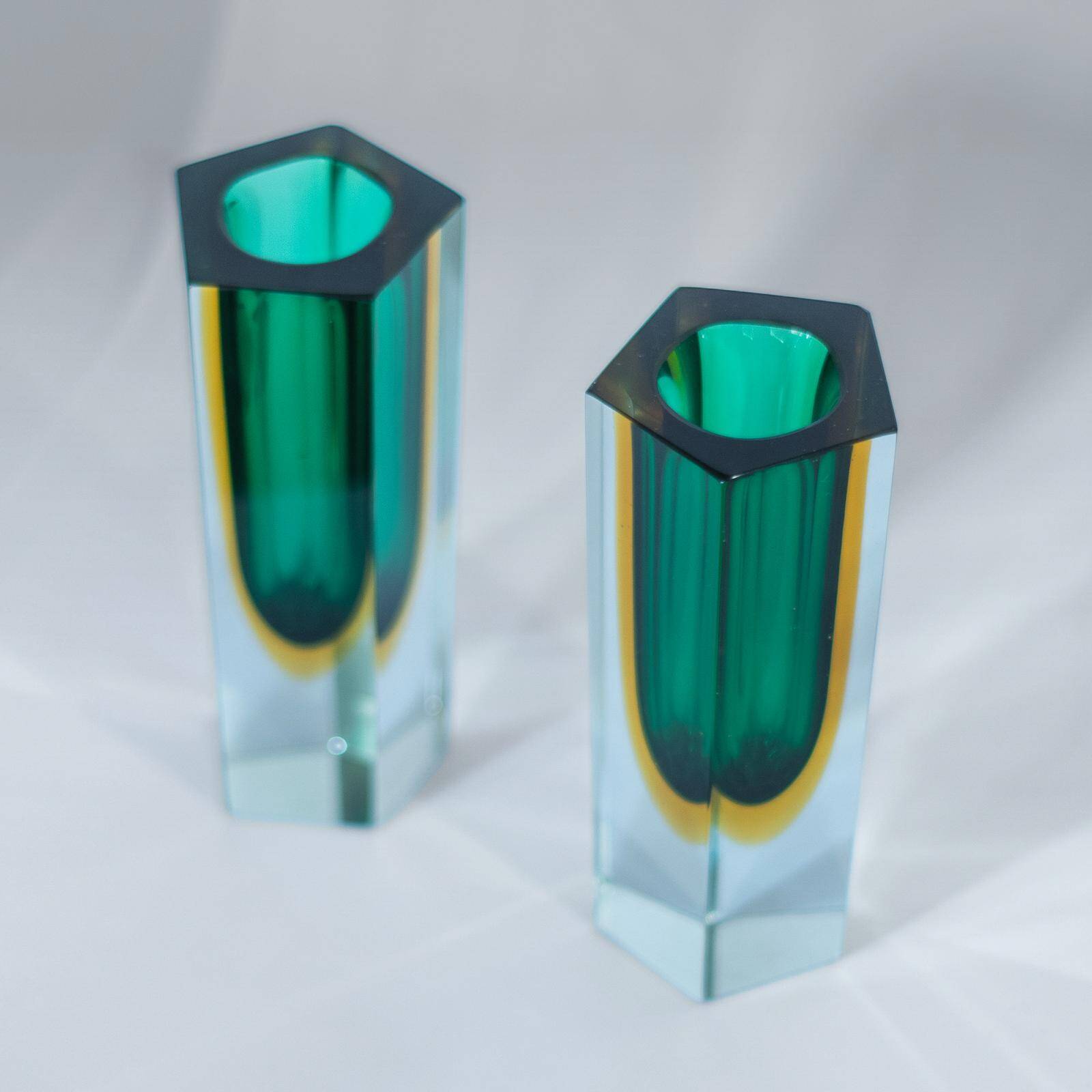 Flavio Poli Murano Sommerso Vases, Green & Yellow Glass, Set of Two