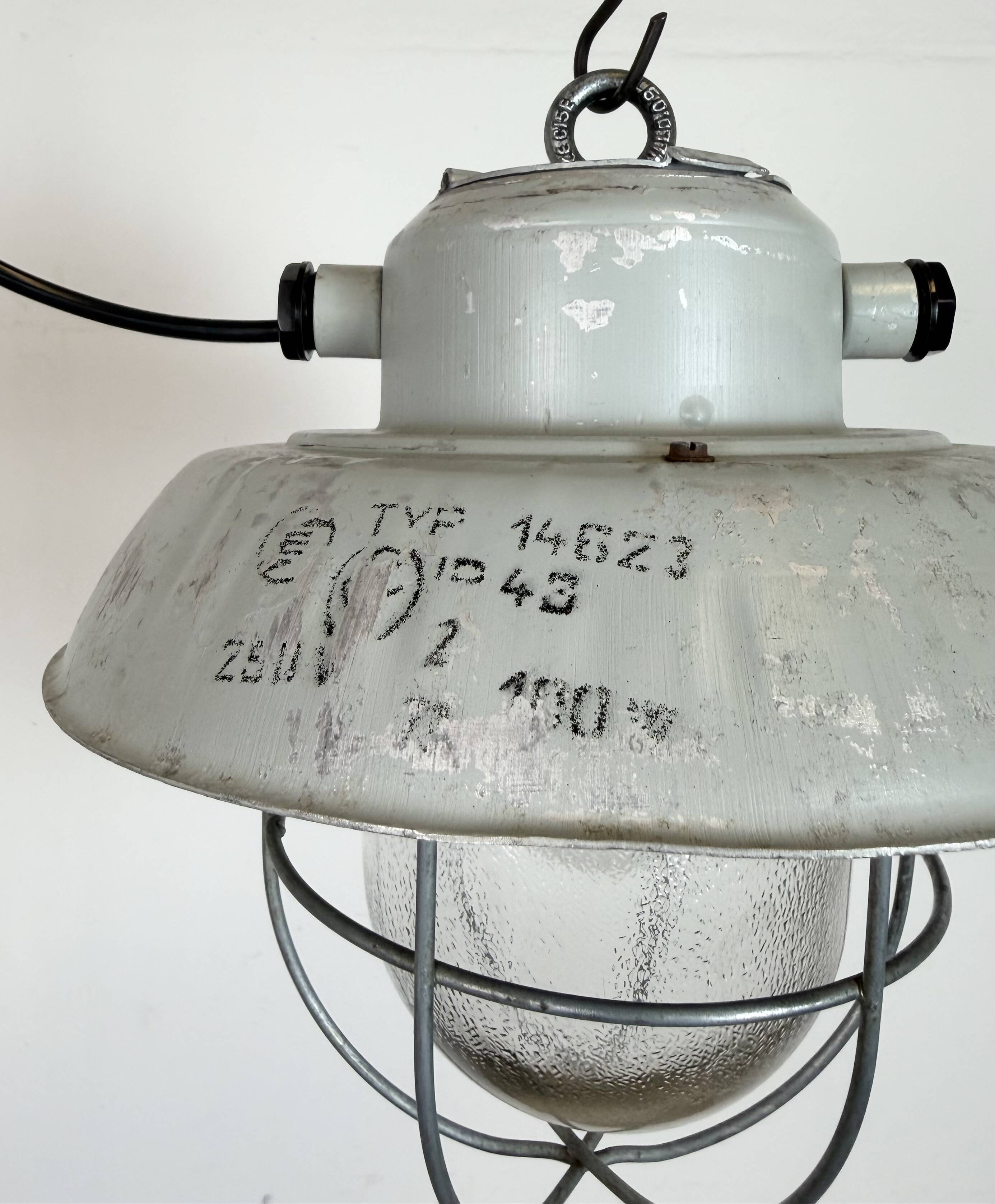 Grey Industrial Aluminium Cage Pendant Lamp with Frosted Glass, 1970s