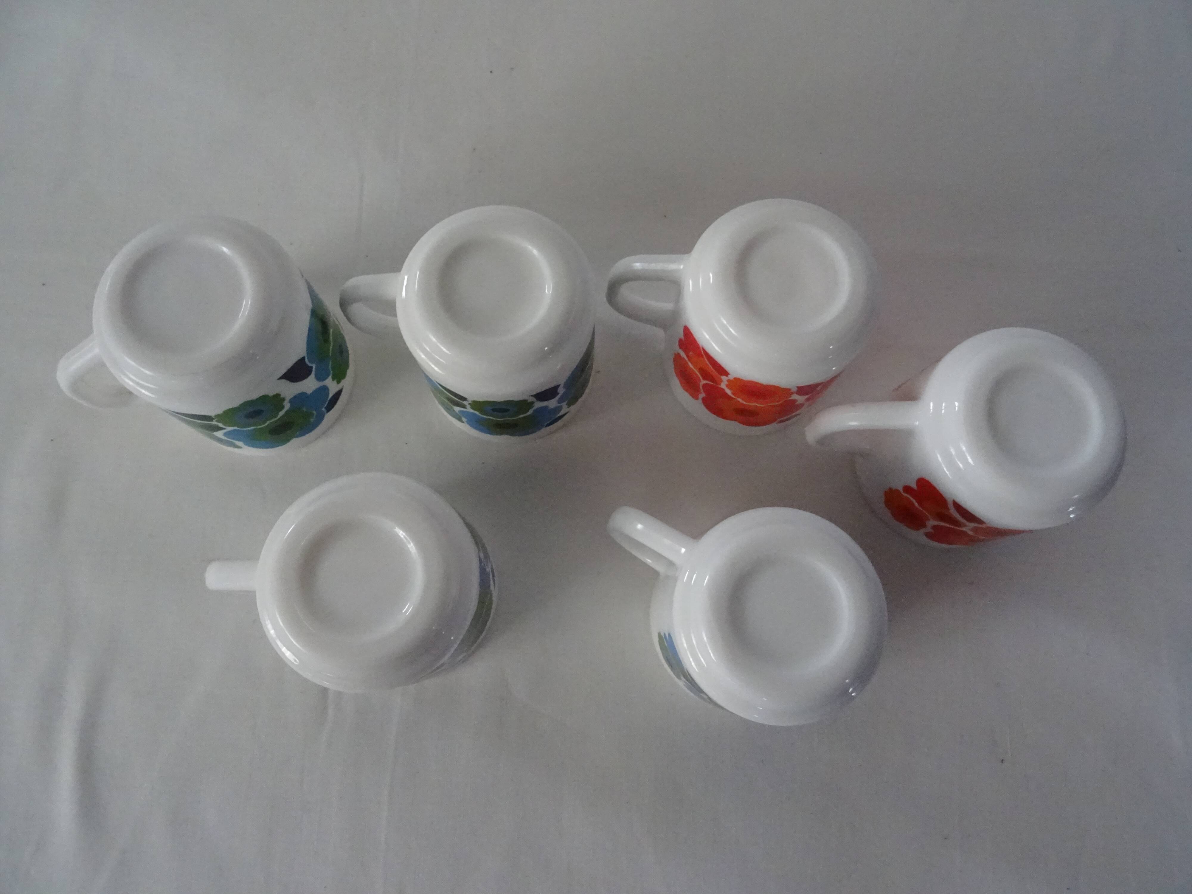 6 MUGS vintage flowers LOTUS 562112 Arcopal FRANCE orange blue