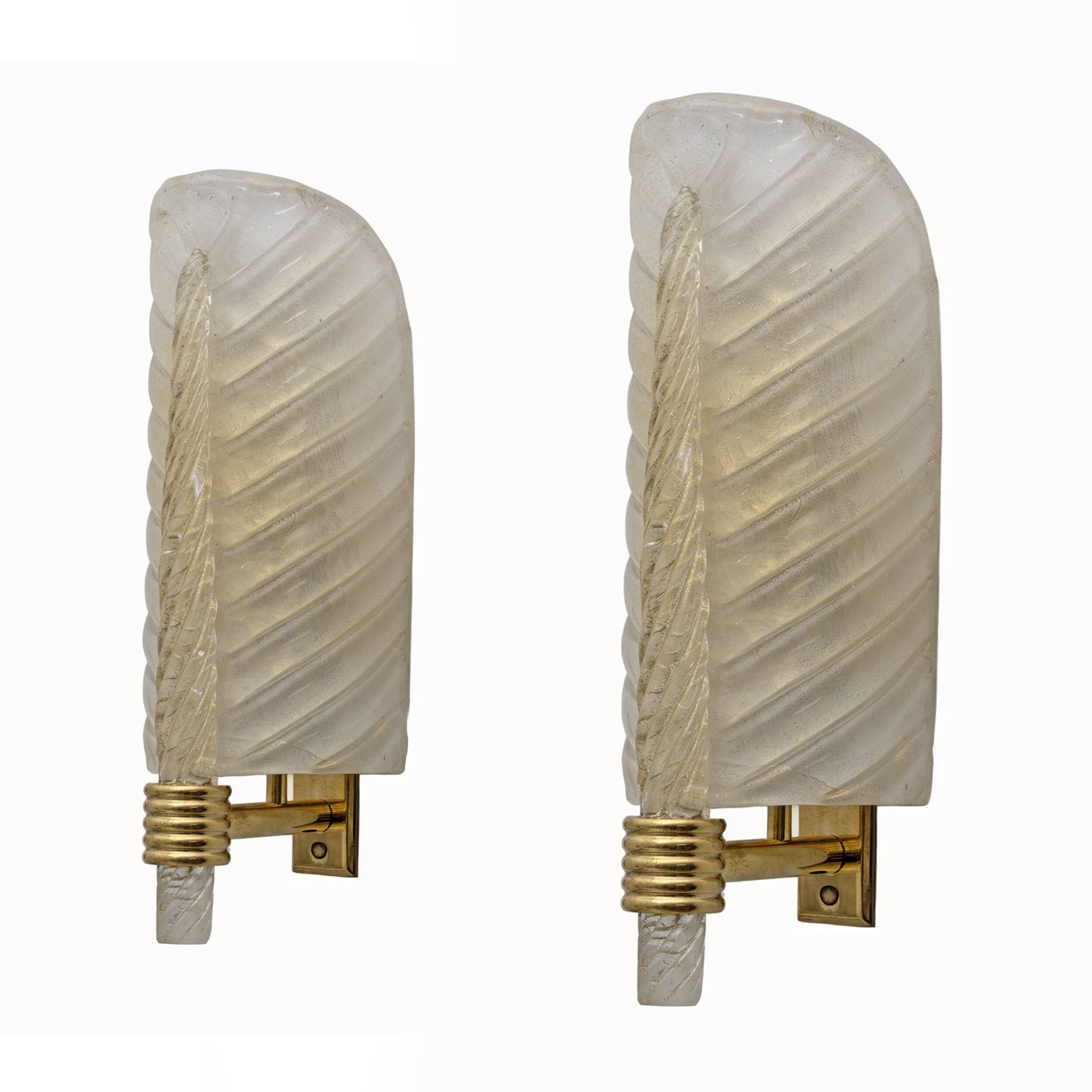 Pair of Barovier & Toso Style Mid-Century Modern Murano Glass Gold Leaf Sconces