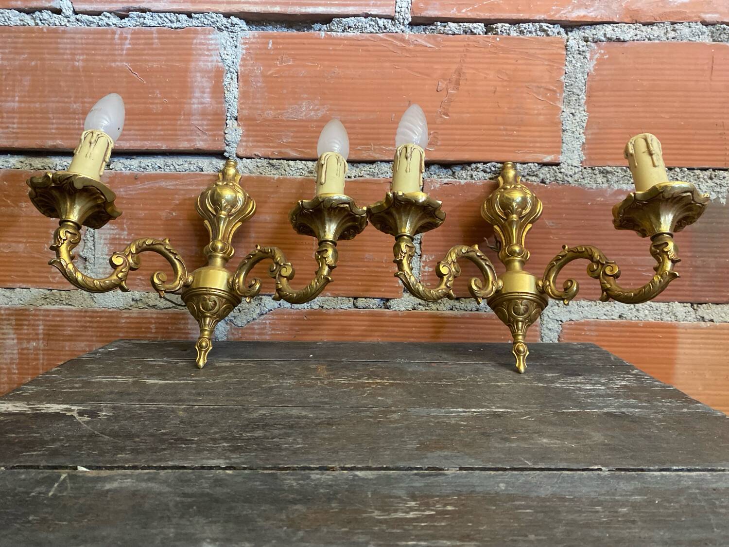 Pair of Double Wall Lights in Antique Louis XV Style, Gilded Bronze Vintage #D67