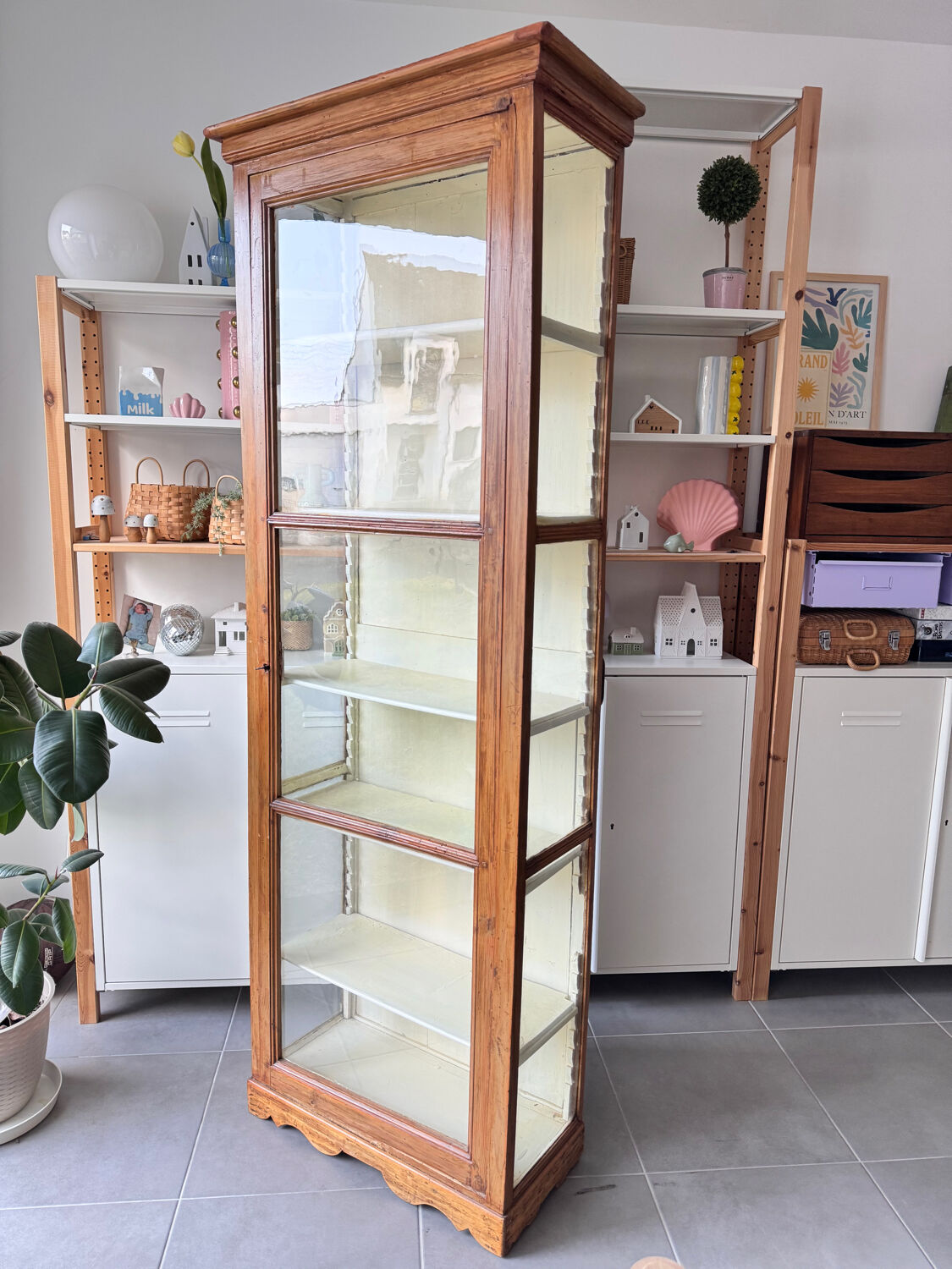 Antique display cabinet, small dresser, antique glass-fronted bookcase.