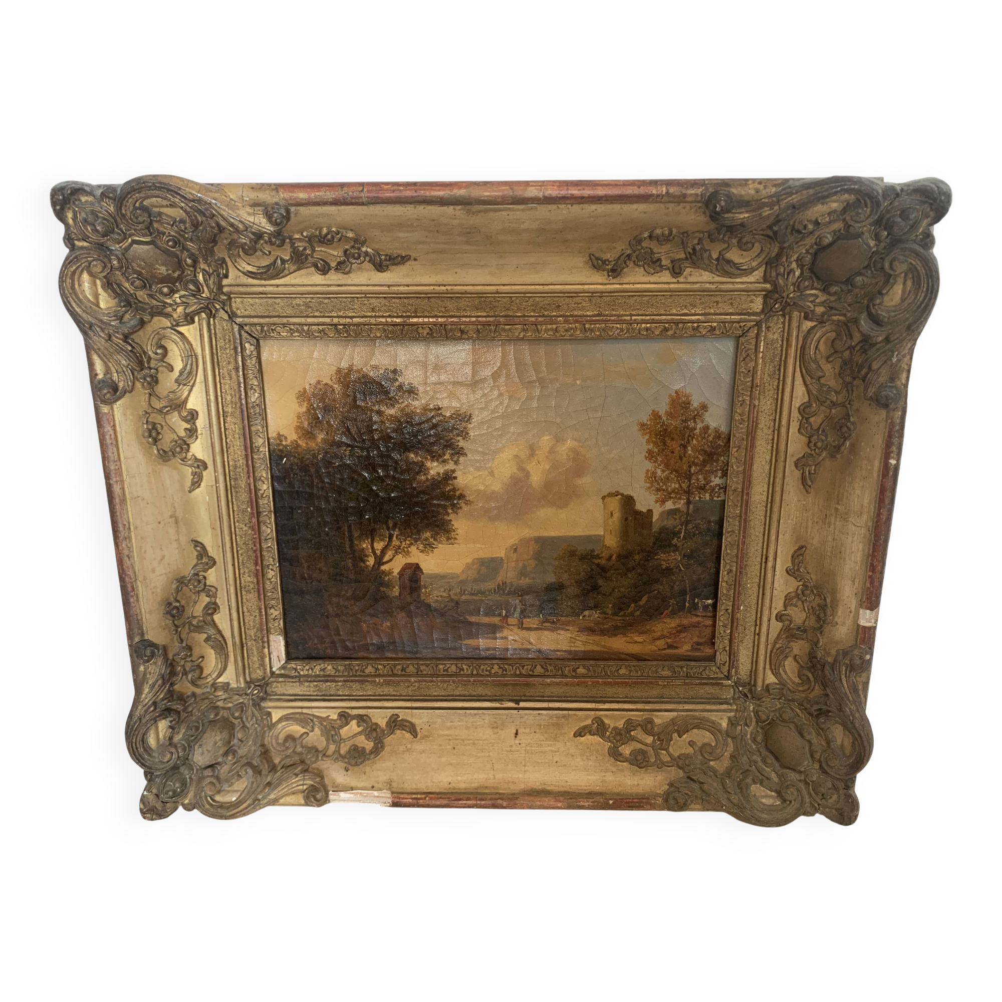 Oil on canvas "Animated landscape" wooden frame and gilded stucco 19th century