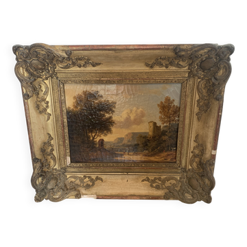 Oil on canvas "Animated landscape" wooden frame and gilded stucco 19th century