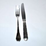 Ercuis set of 2 Trianon metal-plated dessert cutlery with crossed ribbon for cheese starter.