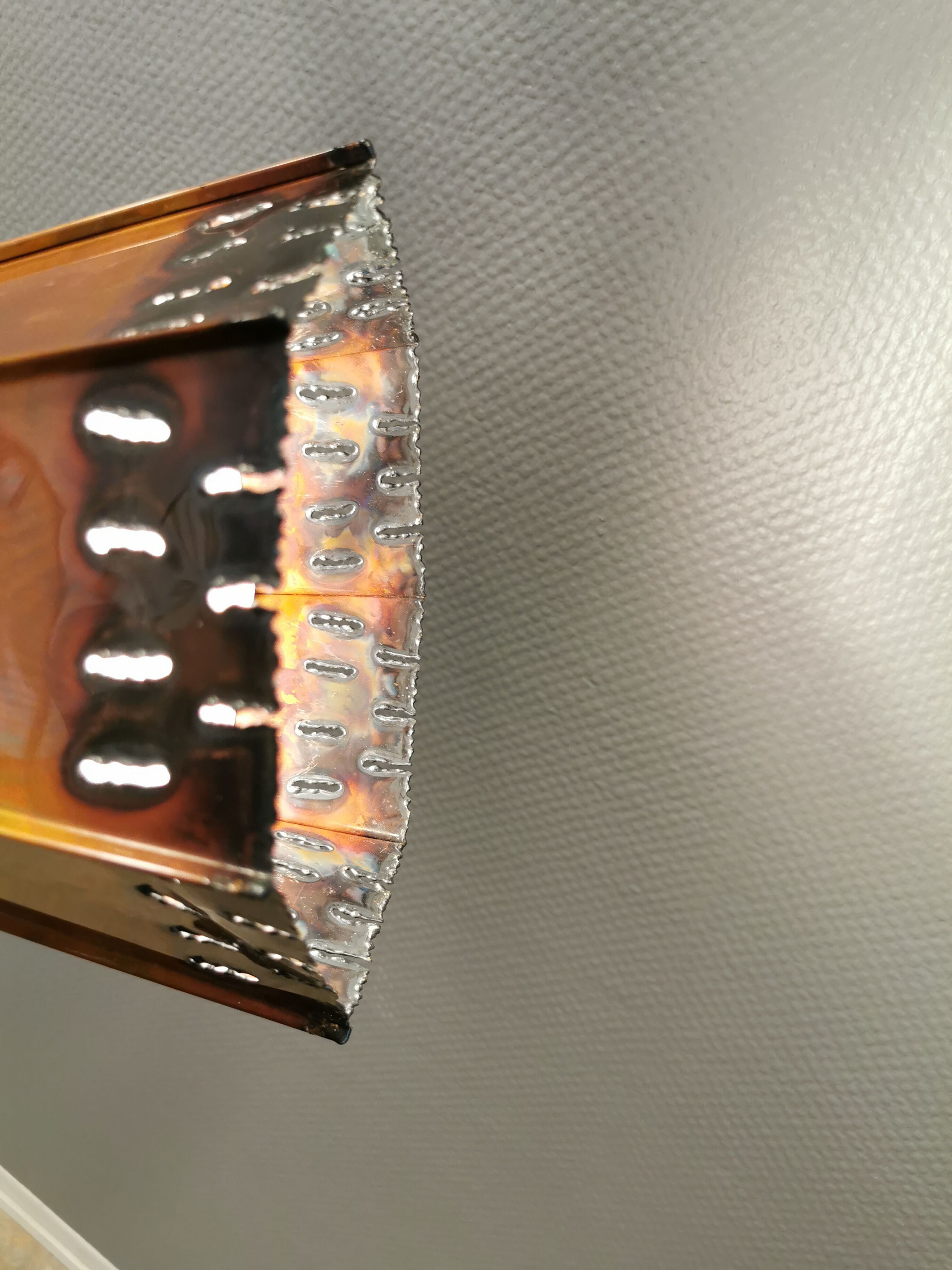 Older Danish cone-shaped hanging lamp in copper-colored lacquer with an inner contrasting shade.