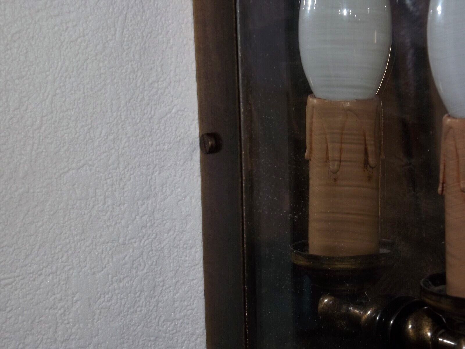 Pair french country brass & curved glass wall lights mirrored back plate 3965