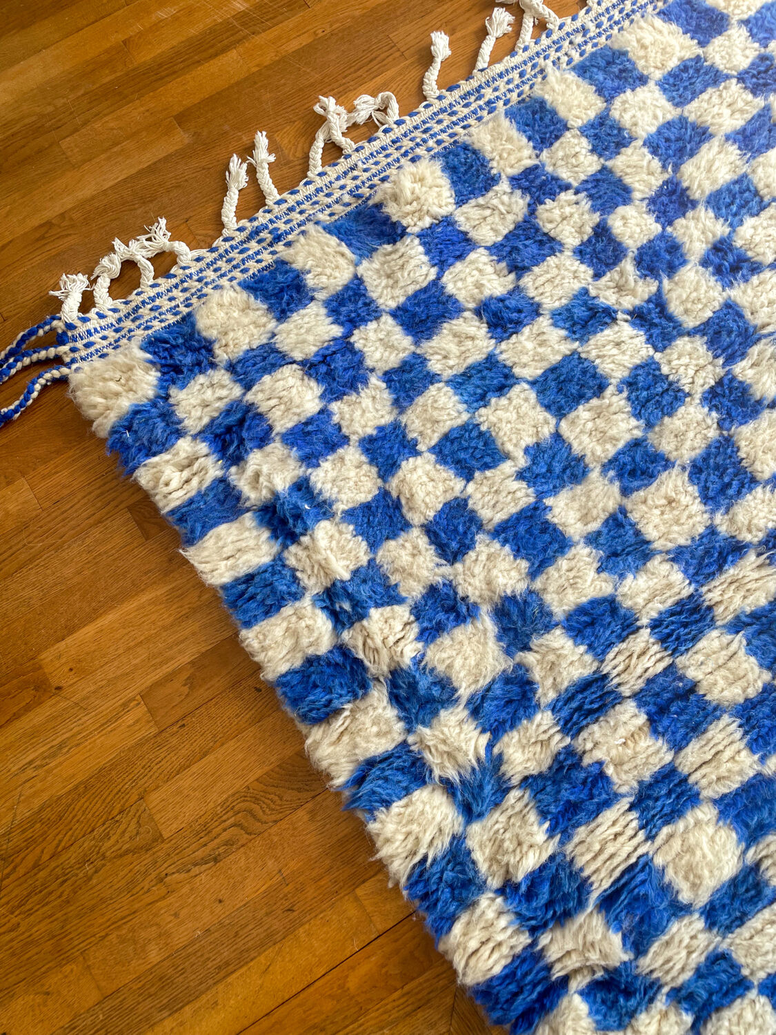 Moroccan Berber checkered carpet Klein blue and white