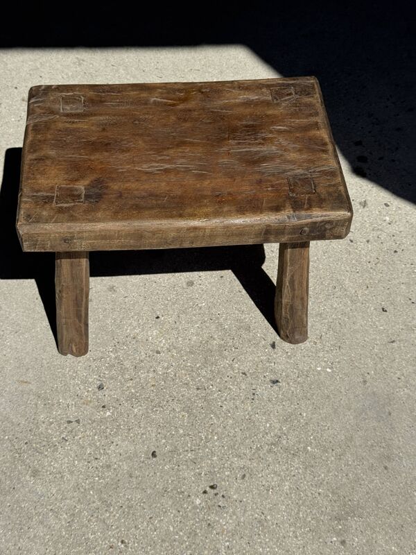 Petit stool, tabouret d'appoint en teck massif rectangulaire pieds arqués