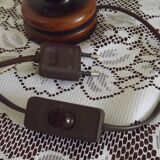 French Mid Century Round Turned Wood Grooved Table Lamp Hide Skin Shade