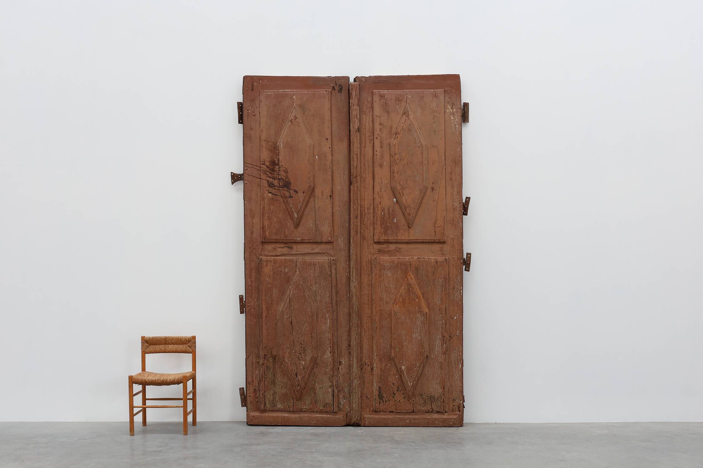 Large 17th century Monastery doors in terracotta lacquered oak, Portugal