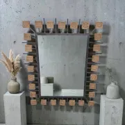 Rectangular brutalist mirror in wrought iron and terracotta tiles.