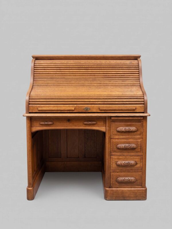 Bureau chêne avec volet coulissant et chaise bois cuir