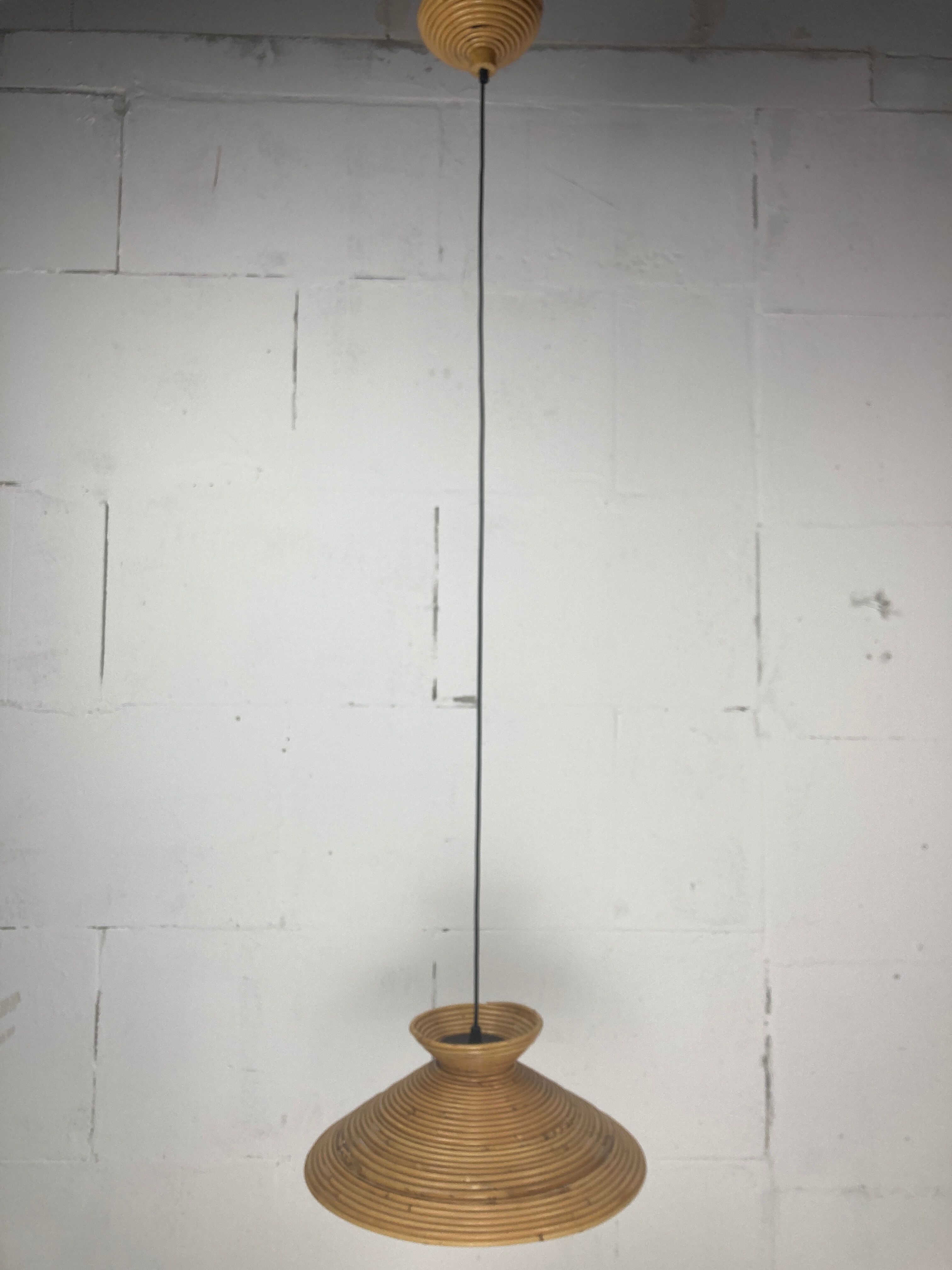 Pencil Split Reed Rattan Bamboo Pendant Lamp, Italy 1970s