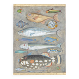Painted canvas representing a board of fish. Contemporary work.