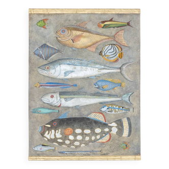 Painted canvas representing a board of fish. Contemporary work.
