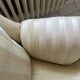 Pair of vintage bergère armchairs in striped ecru and beige fabric.