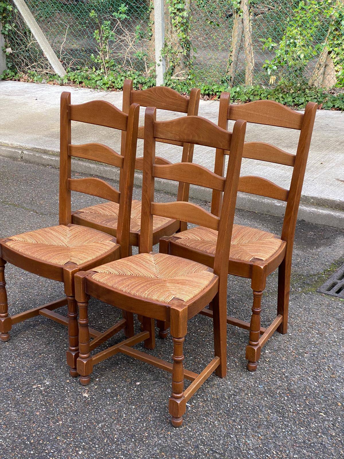 4 solid wood dining chairs with straw seats, 102cm