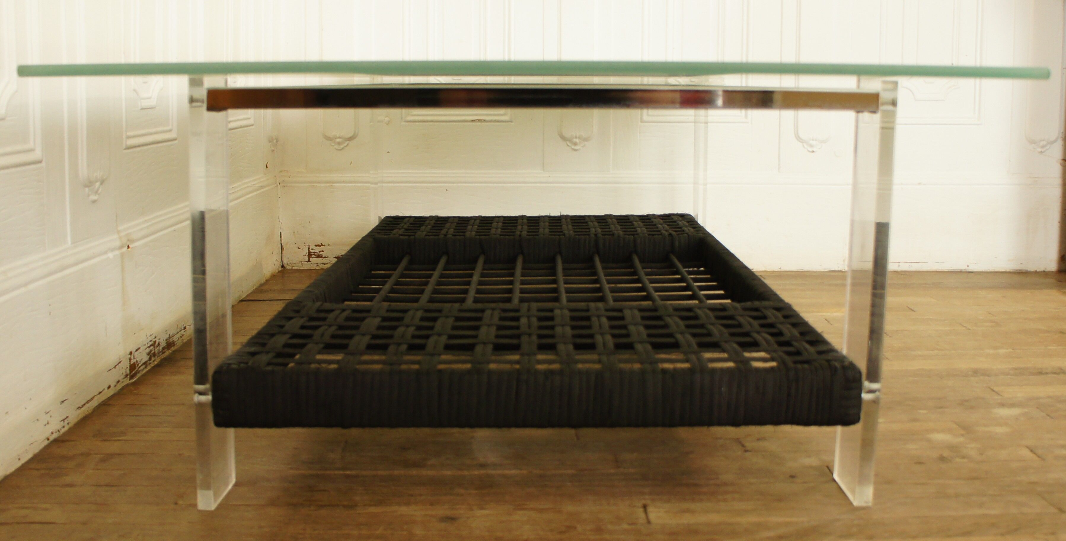 Rattan coffee table, plexiglass, frosted glass - chrome