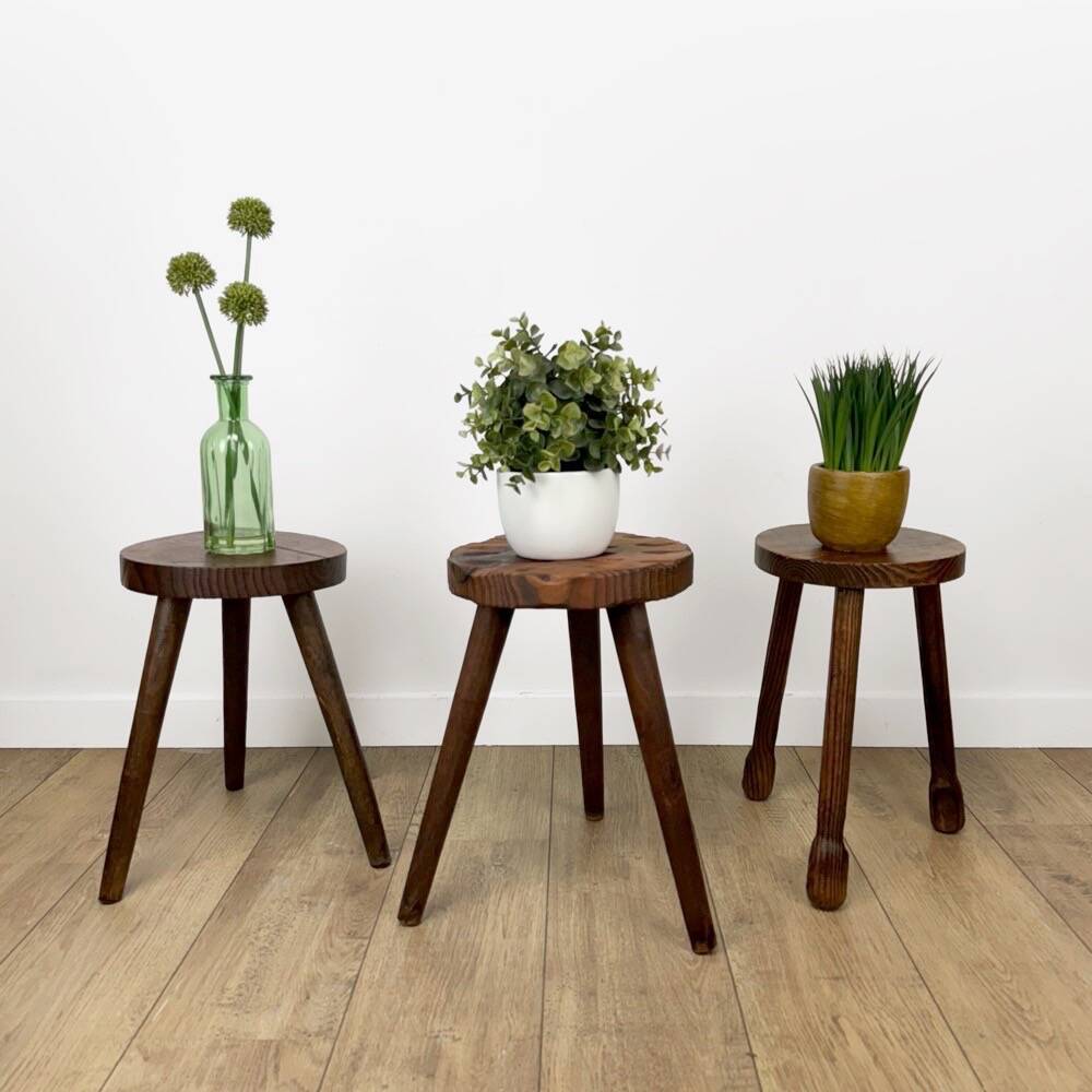 Trio of solid wood brutalist stools