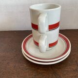 2 coffee cups and bistro saucers, Sarreguemines, vintage Red Band