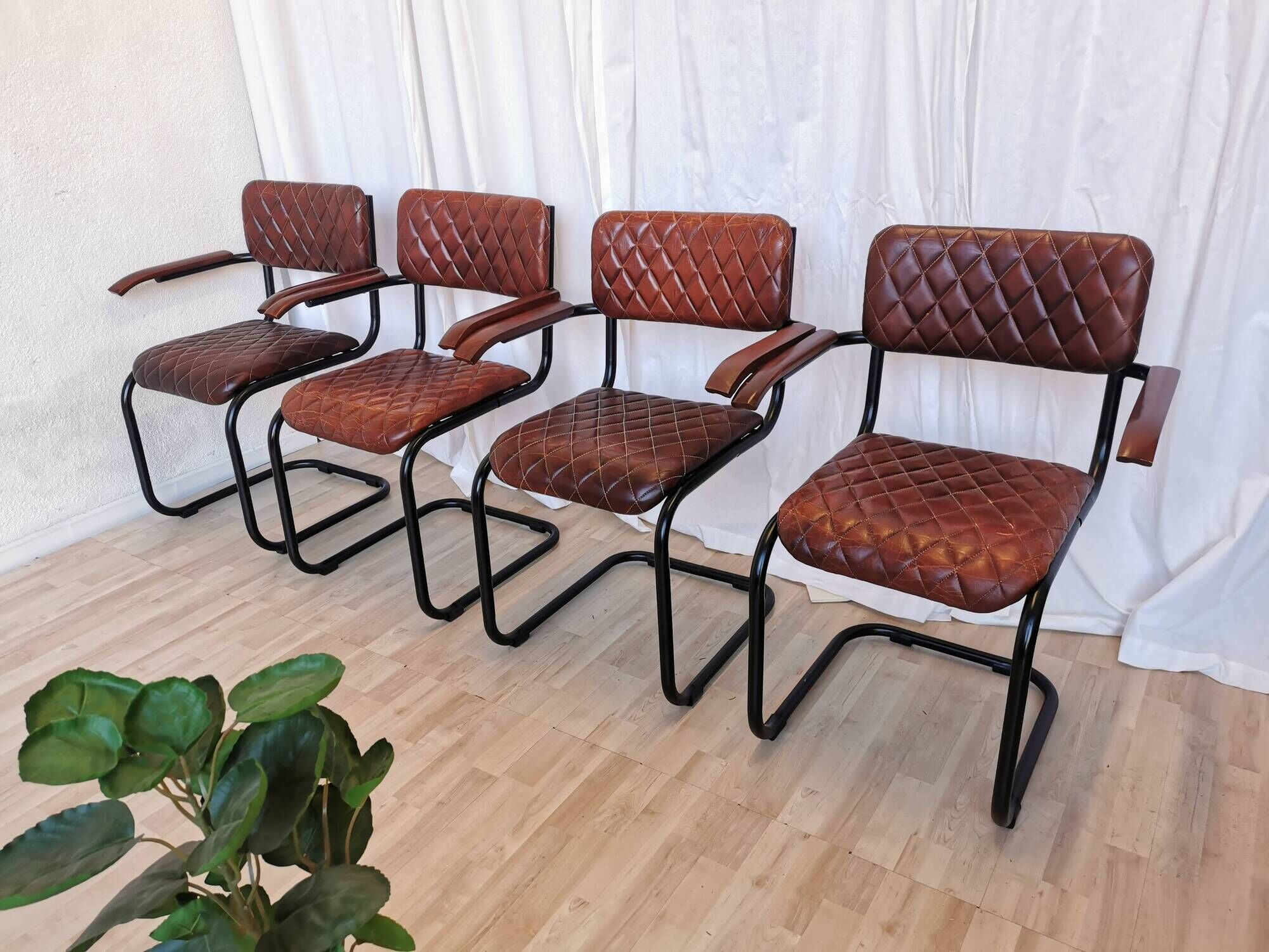 Set of 4 Vintage Quilted Leather Dining Chairs: Black Metal Base