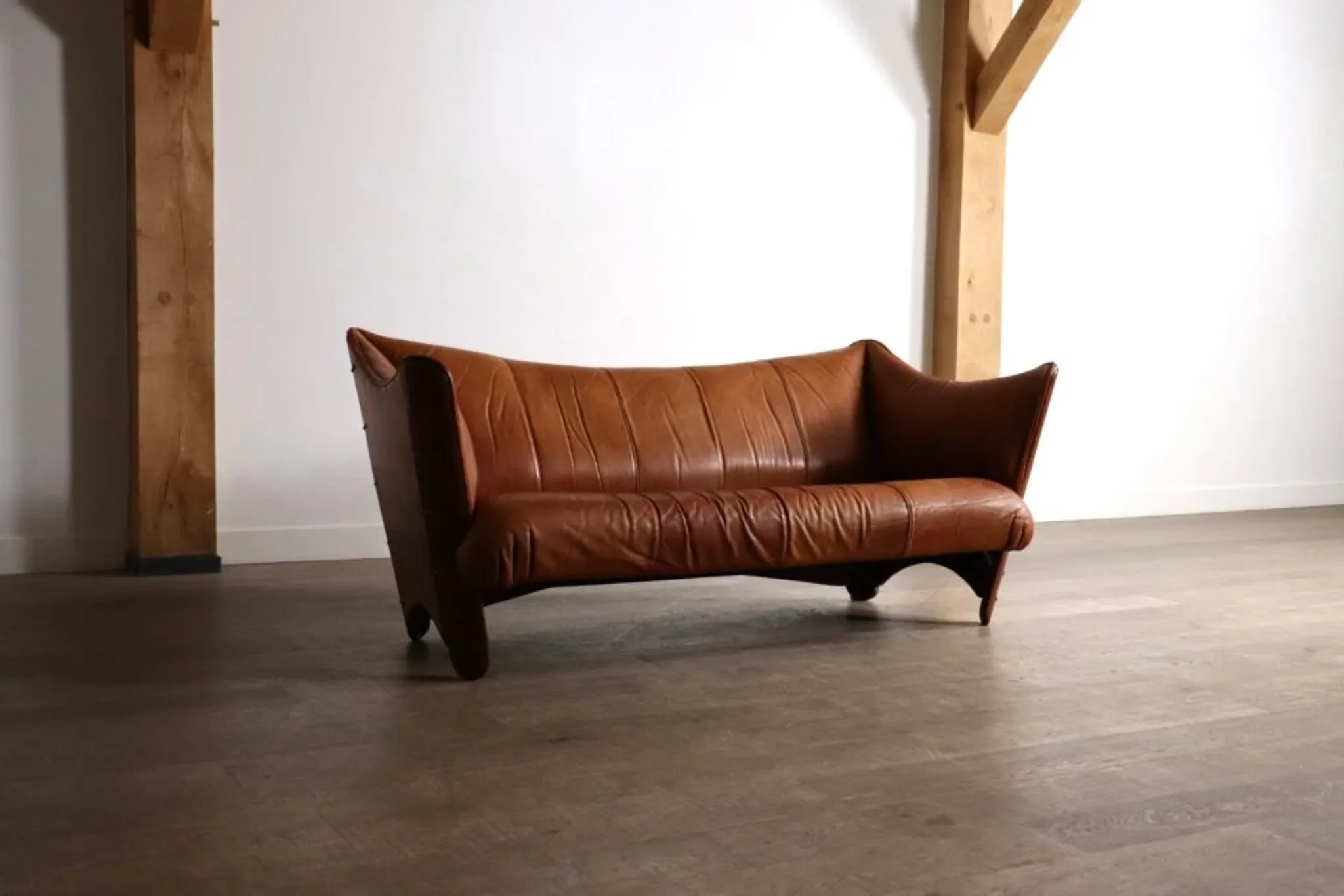 Mid-century sofa in cognac leather and wood by Pacific Green, Australia 1980s