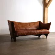Mid-century sofa in cognac leather and wood by Pacific Green, Australia 1980s