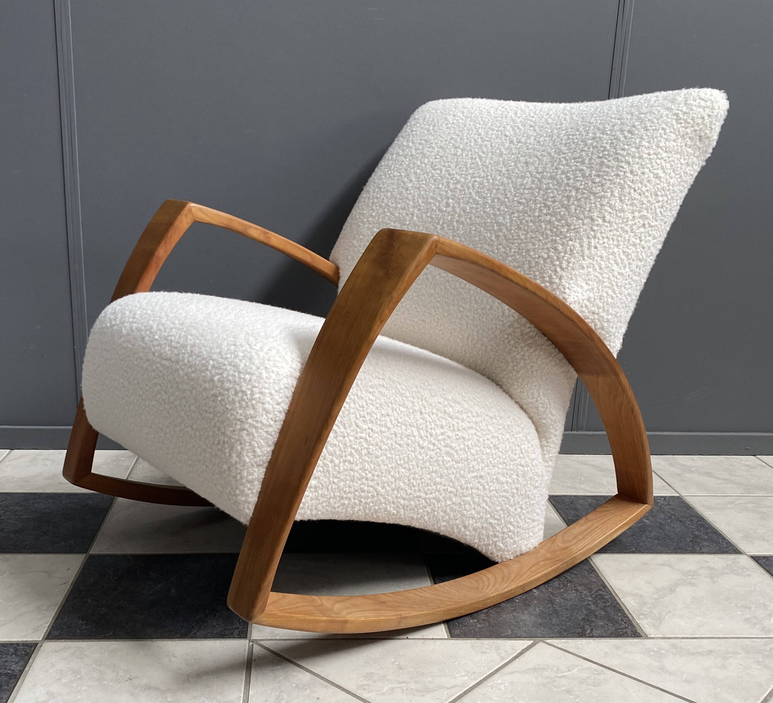 Large white boucle fabric rocking chair