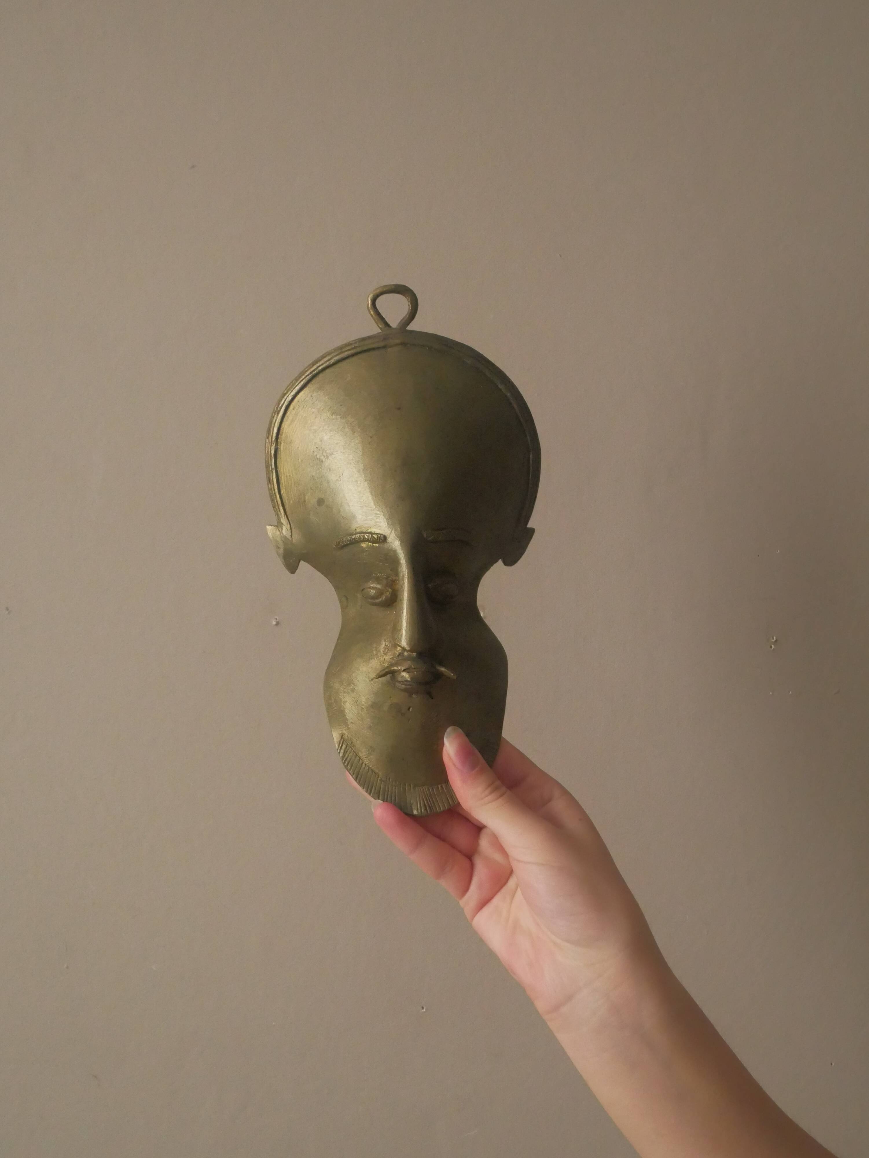 Brass mask wall sculpture African art handmade ethnic tribal decorative object