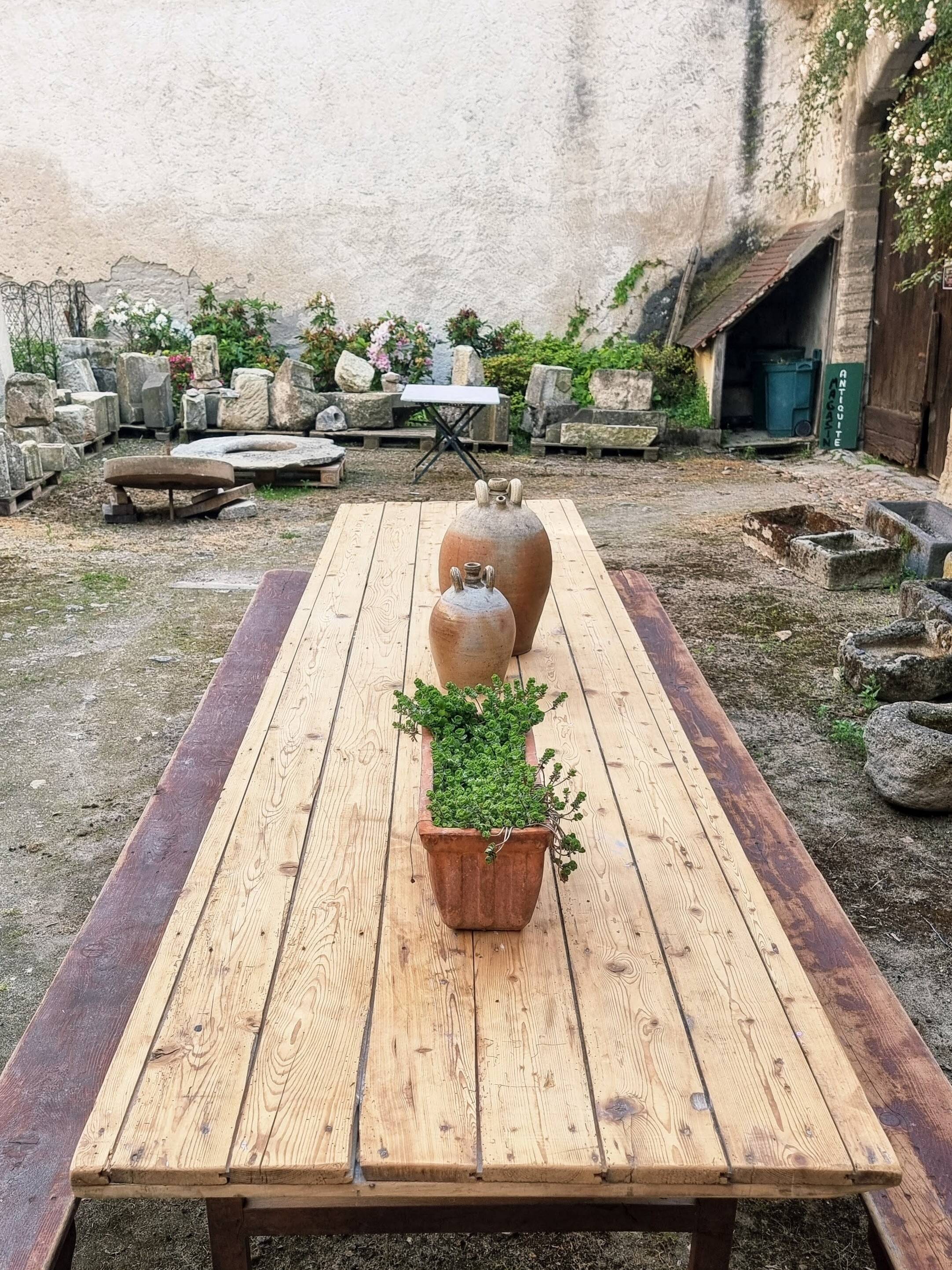 French antique garden dining table – XXL wine table with benches