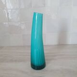 Curved turquoise blue blown glass soliflore vase