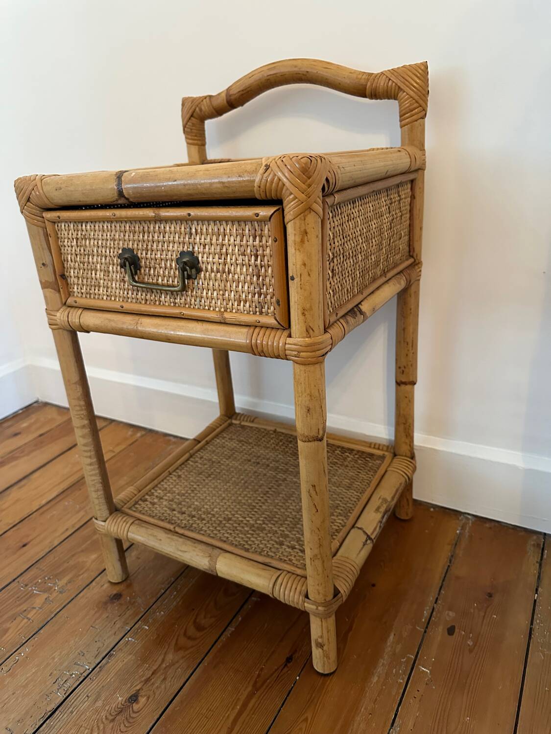 Antique rattan bedside table with vintage drawer