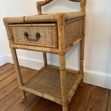 Antique rattan bedside table with vintage drawer