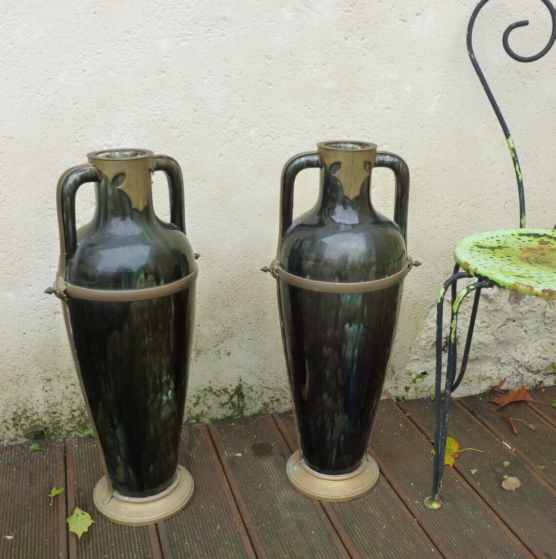 Ceramic vases brass frame art nouveau