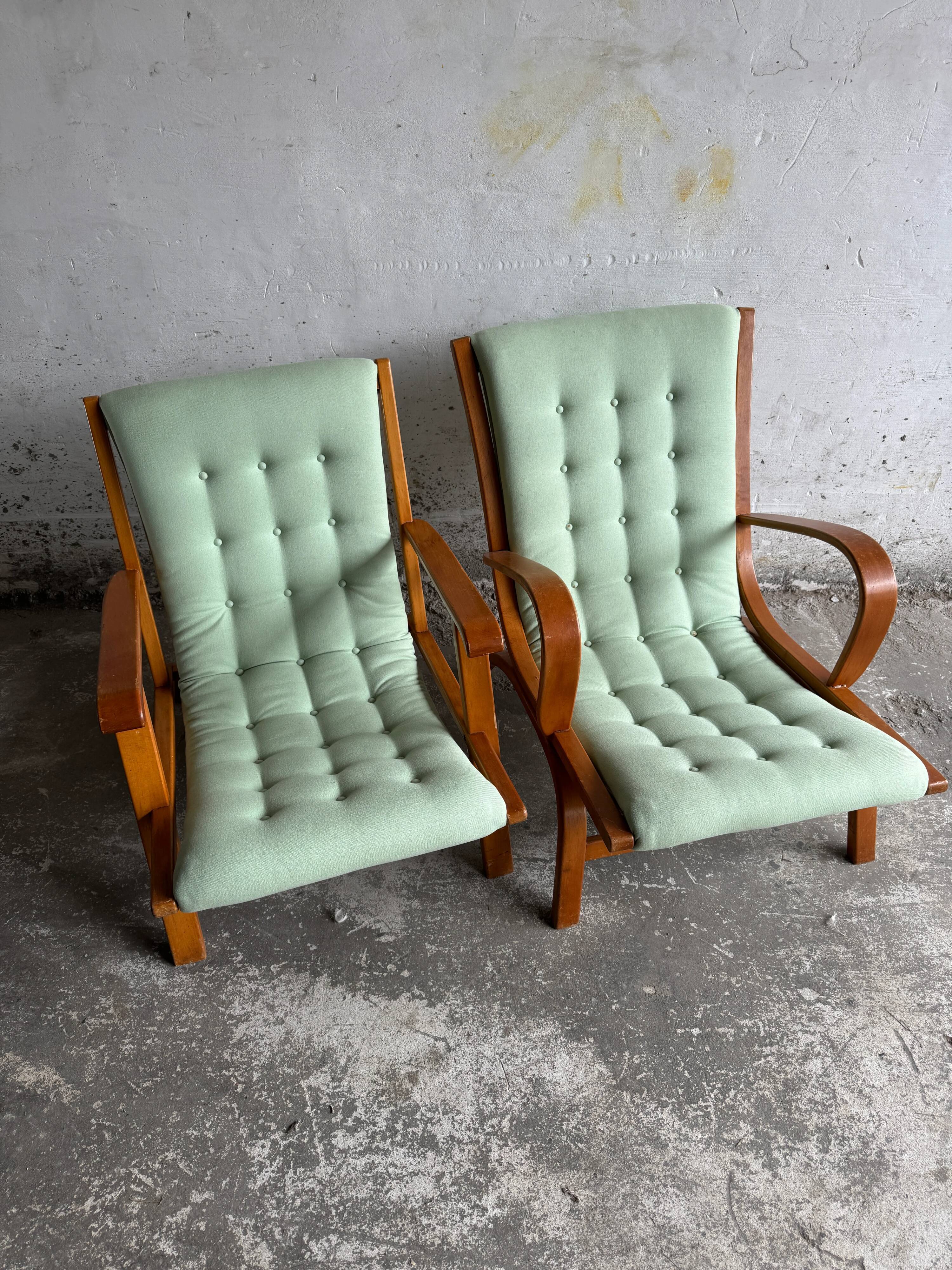 Set of 2 Vintage Mint Green Upholstered Lounge Chairs with Honey Wood Frames