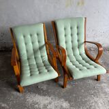 Set of 2 Vintage Mint Green Upholstered Lounge Chairs with Honey Wood Frames