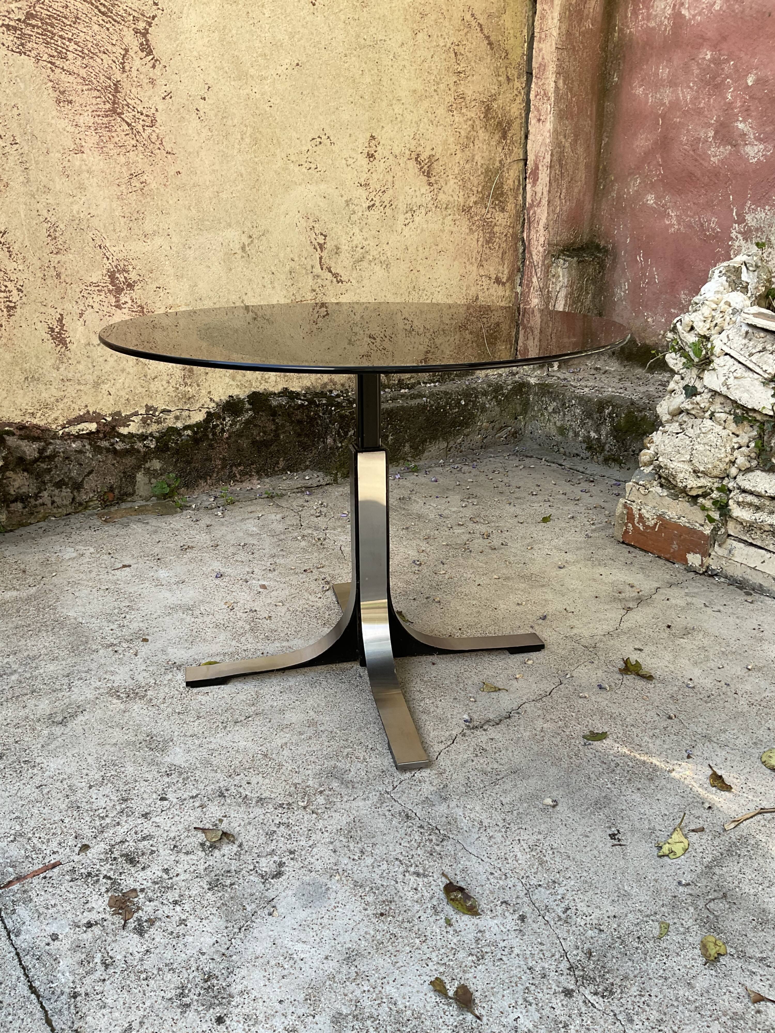 Adjustable coffee table in smoked glass, steel and stainless steel from the 70s