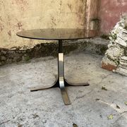 Adjustable coffee table in smoked glass, steel and stainless steel from the 70s