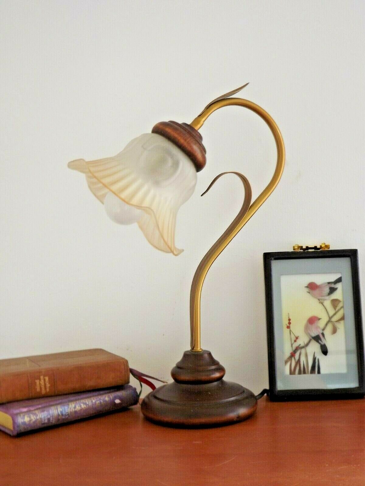 French vintage gold coloured metal & wood table lamp decorative glass shade