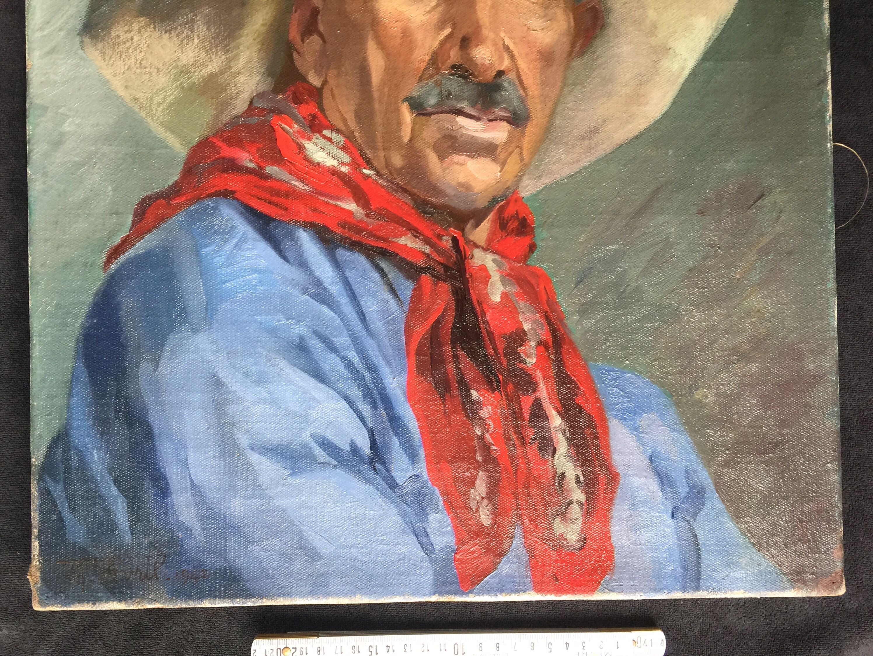 Oil on canvas "Man with red scarf" 1942 by AVRIL